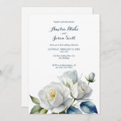 水彩画の白いバラ on 清潔な白いウェディング 招待状 (正面/裏面)