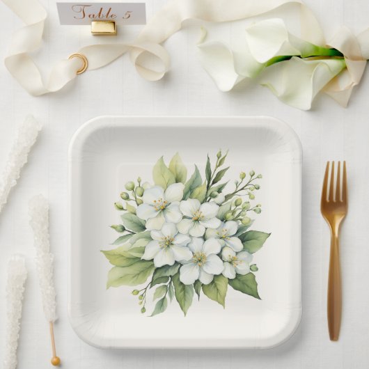 水彩画の白いリンゴの花のブーケ ペーパープレート (ウェディング)