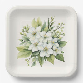 水彩画の白いリンゴの花のブーケ ペーパープレート