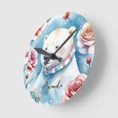 水彩画の白い北極クマと赤いバラ ラウンド壁時計 (傾斜)
