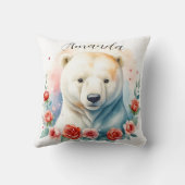 水彩画の白い北極熊の花模様 クッション (裏面)