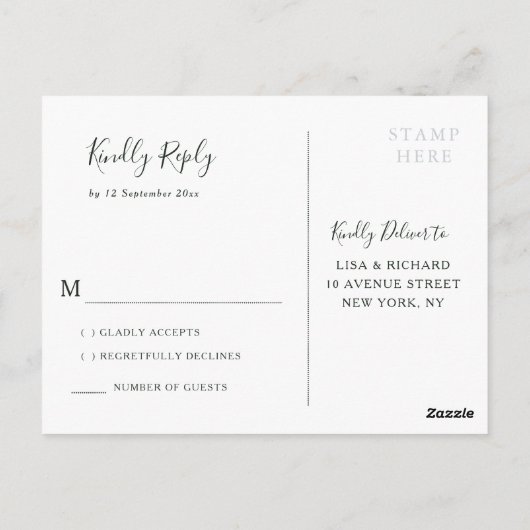 水彩画の白い花と緑の結婚式の出欠確認 ポストカード (裏面)