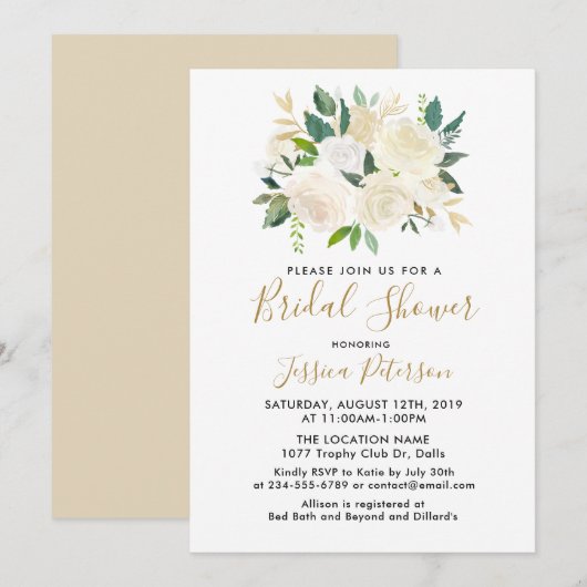 水彩画の白い花のウェディングシャワー招待状 招待状 (正面/裏面)