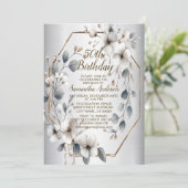 水彩画の白い花の金のフレーム シルバー ティール 招待状 (スタンド正面)