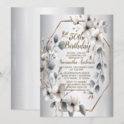 水彩画の白い花の金のフレーム シルバー ティール 招待状 (正面/裏面)