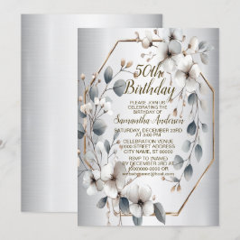 水彩画の白い花の金のフレーム シルバー ティール 招待状