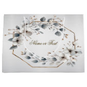 水彩画の白い花の金のフレーム 銀の青緑色 ラージペーパーバッグ (正面)