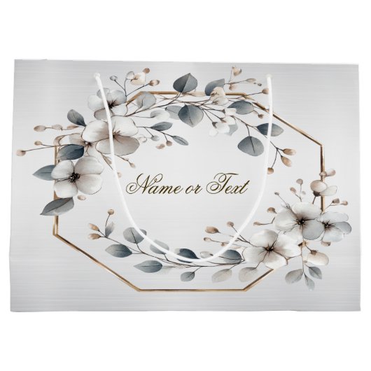 水彩画の白い花 ゴールドフレーム シルバー ティール ラージペーパーバッグ (裏面)