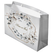 水彩画の白い花 ゴールドフレーム シルバー ティール ラージペーパーバッグ (裏面アングル)