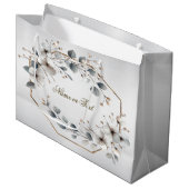 水彩画の白い花 ゴールドフレーム シルバー ティール ラージペーパーバッグ (正面アングル)