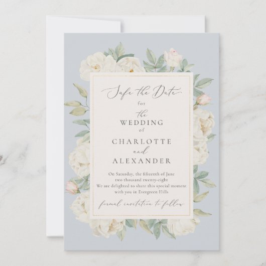 水彩画の白い花、淡い青の結婚式のお知らせ 招待状 (正面)