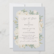 水彩画の白い花、淡い青の結婚式のお知らせ