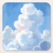 水彩画の白い雲と美しい青空 スクエアペーパーコースター (正面)