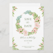 水彩画の白と緑の結婚式のお知らせ 招待状 (正面/裏面)