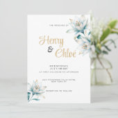 水彩画の白と青と金の菊の花のウェディング 招待状 (スタンド正面)