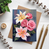 水彩画の白ユリとピンクのバラの花束カード