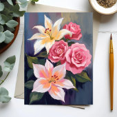 水彩画の白ユリとピンクのバラの花束カード