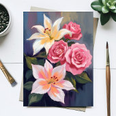 水彩画の白ユリとピンクのバラの花束カード