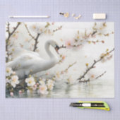 水彩画の白鳥と花咲く湖 薄葉紙 (クラフト)