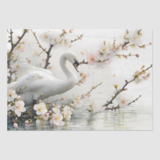 水彩画の白鳥と花咲く湖 薄葉紙