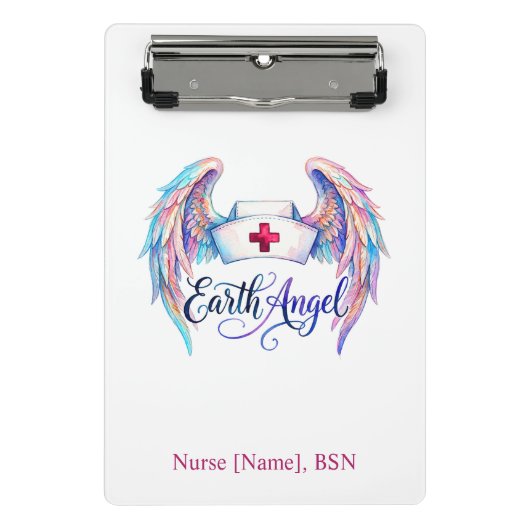 水彩画の看護師帽子と羽根 "Earth Angel" ミニクリップボード (正面)