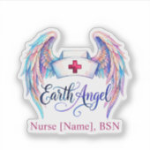 水彩画の看護師帽子に羽根 "Earth Angel" シール (正面)