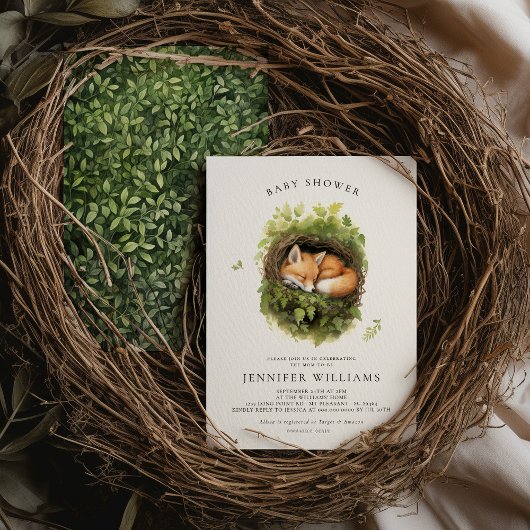 水彩画の眠るキツネのベビーシャワー招待状 招待状