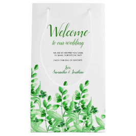 水彩画の私達の結婚式への緑の群葉|の歓迎 スモールペーパーバッグ