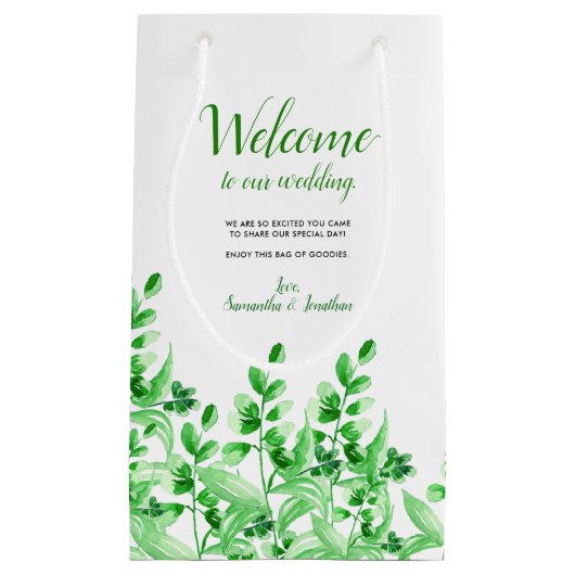 水彩画の私達の結婚式への緑の群葉|の歓迎 スモールペーパーバッグ (正面)