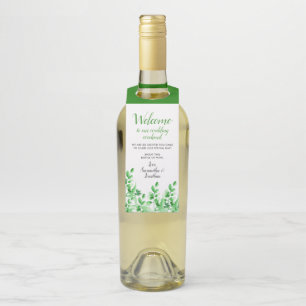 水彩画の私達の結婚式への緑の群葉 の歓迎 ボトルネックタグ