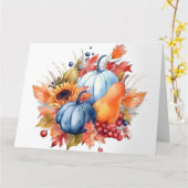 水彩画の秋のひまわりと青いかぼちゃ カード (黄色い花)