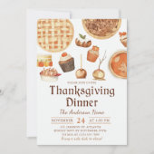 水彩画の秋のカボチャのピースィ・サンクスギビングディナー 招待状 (正面)