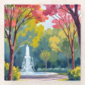 水彩画の秋の公園の紅葉 ガラスコースター (正面)