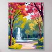 水彩画の秋の公園 紅葉 ポスター (正面)