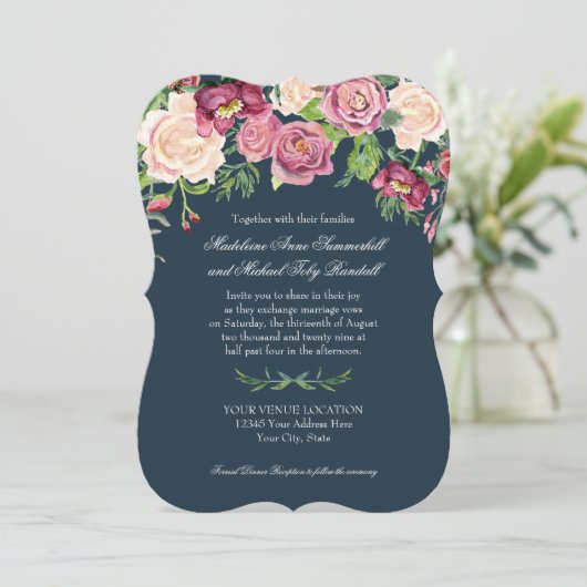 水彩画の秋の冬海軍バーガンディの花柄は上がりました 招待状 (スタンド正面)