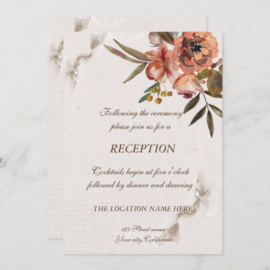 水彩画の秋の花の歓迎パーティー 招待状 (正面/裏面)