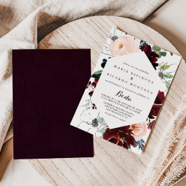 水彩画の秋の花を飾ったスペイン風ウェディング 招待状