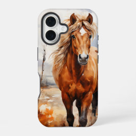 水彩画の秋をテーマにした森の中の馬 iPhone 16ケース