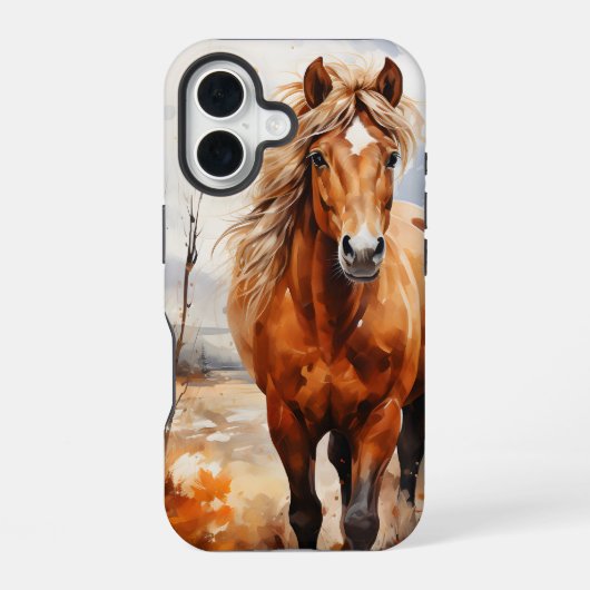 水彩画の秋をテーマにした森の中の馬 iPhone 16ケース (裏面)