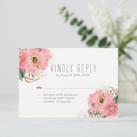 水彩画の種族のボヘミア人はRSVPカードに羽をつけます 出欠カード (スタンド正面)