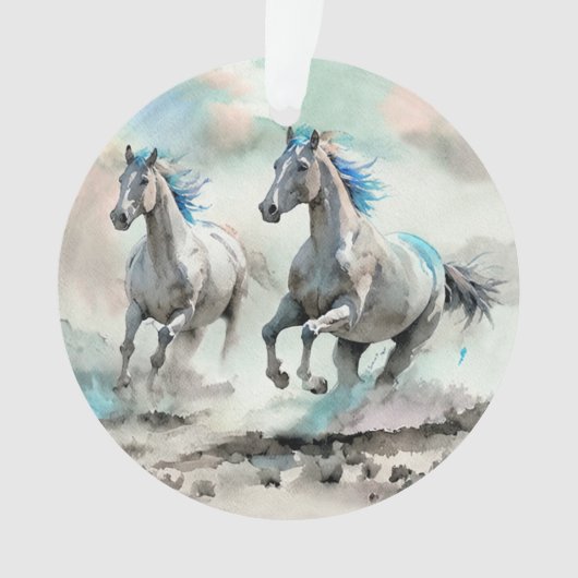 水彩画の競走する二頭の野生馬 オーナメント (正面)