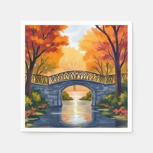 水彩画の紅葉と公園の橋 スタンダードカクテルナプキン (正面)