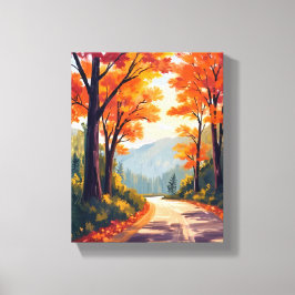水彩画の紅葉の葉が散る秋の道 キャンバスプリント