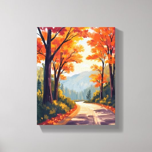 水彩画の紅葉の葉が散る秋の道 キャンバスプリント (正面)