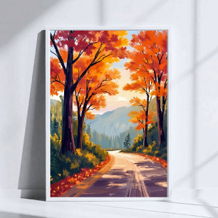 水彩画の紅葉の葉が散る秋の道 ポスター