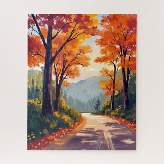 水彩画の紅葉の葉が美しい秋の道 ジグソーパズル (縦)