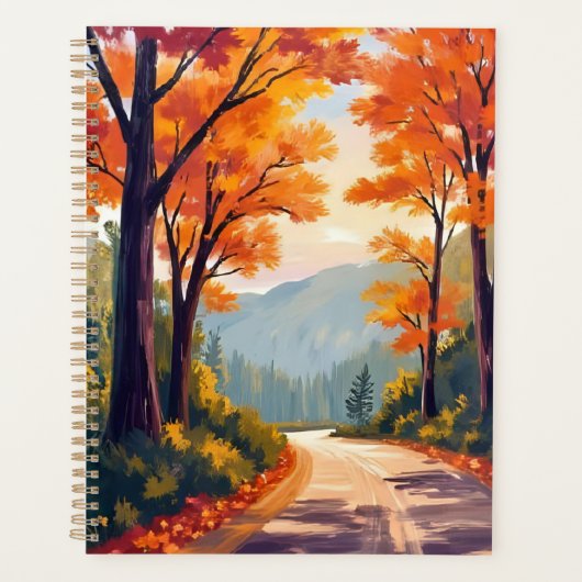 水彩画の紅葉の葉が美しい秋の道 プランナー手帳 (正面)