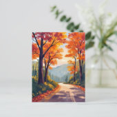 水彩画の紅葉の葉が美しい秋の道 ポストカード (スタンド正面)