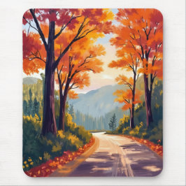 水彩画の紅葉の葉の秋の道 マウスパッド