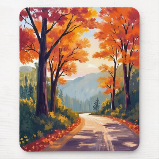 水彩画の紅葉の葉の秋の道 マウスパッド (正面)